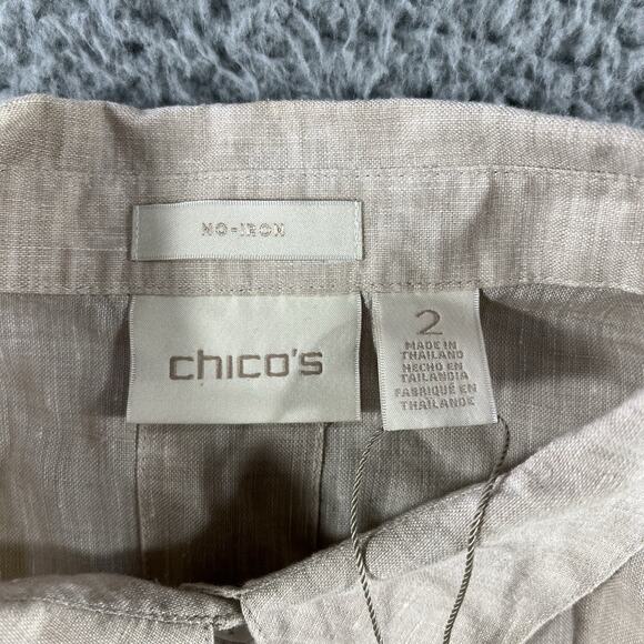 CHICOS SHIRT WOMENS 2 BEIGE NO IRON LINEN LOOP BACK TUNIC NWT NEW BUTTON UP TOP - Picture 2 of 9